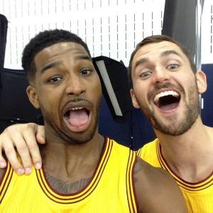 Tristian Thompson and Kevin Love enjoying a light moment together. Love's decision could end up with one of these two leaving town. (photo courtesy of www.nbatitlechase.com)